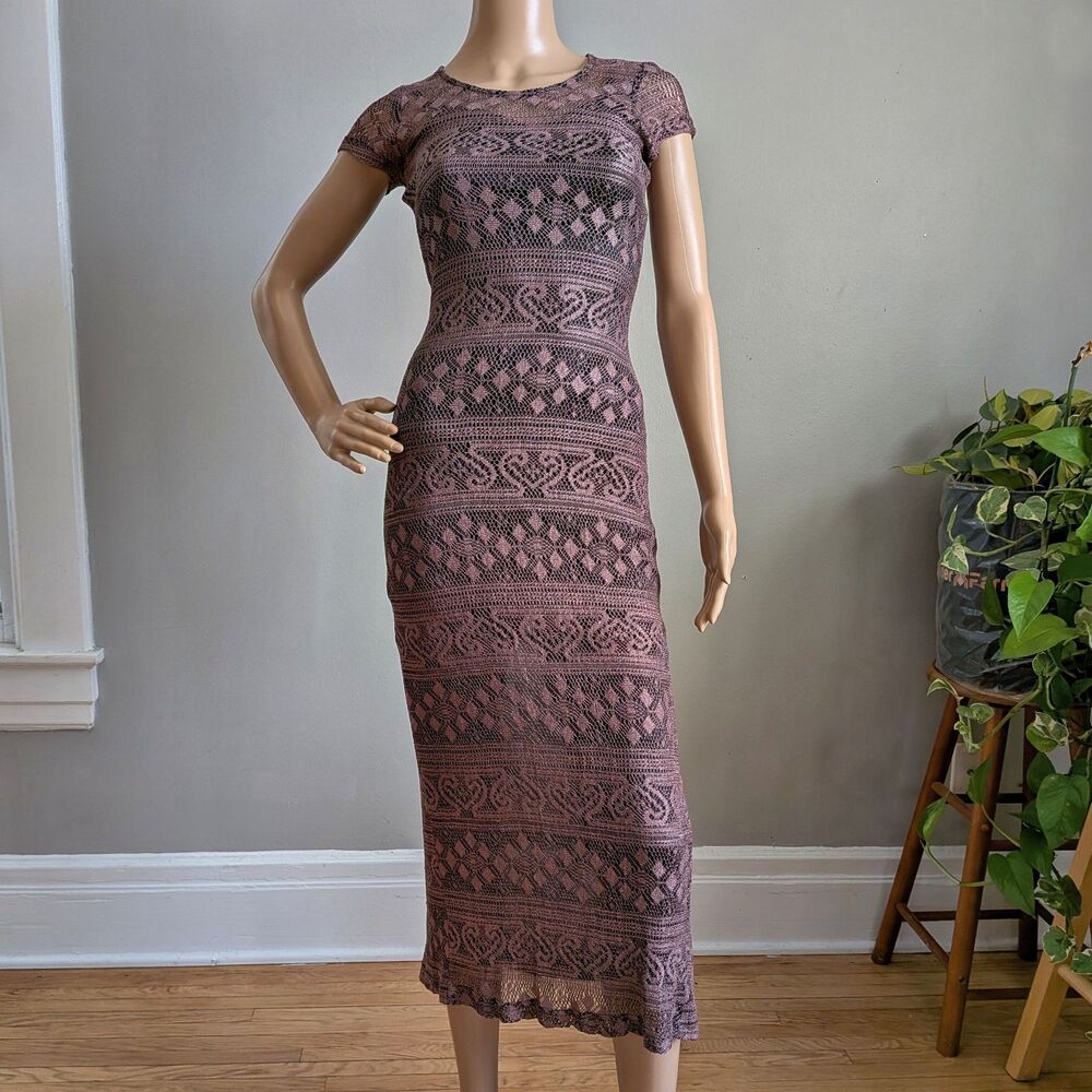 Vintage 90s Y2K Evolution (Not Revolution) Floral Crochet Midi Dress Brown S